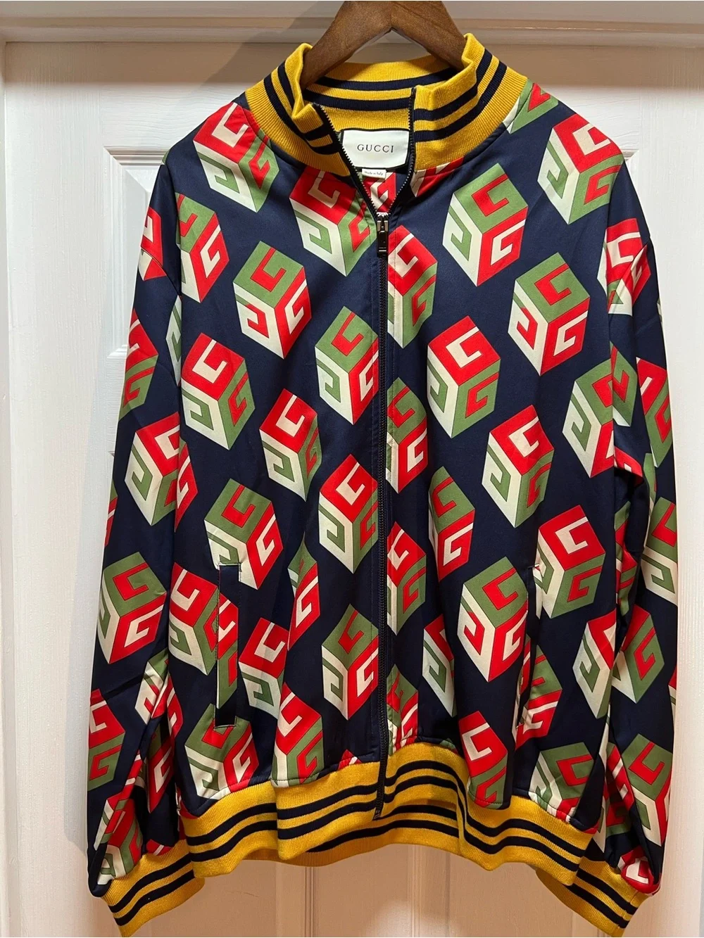 Gucci Navy Red Green White Geometric Bomber Jacket